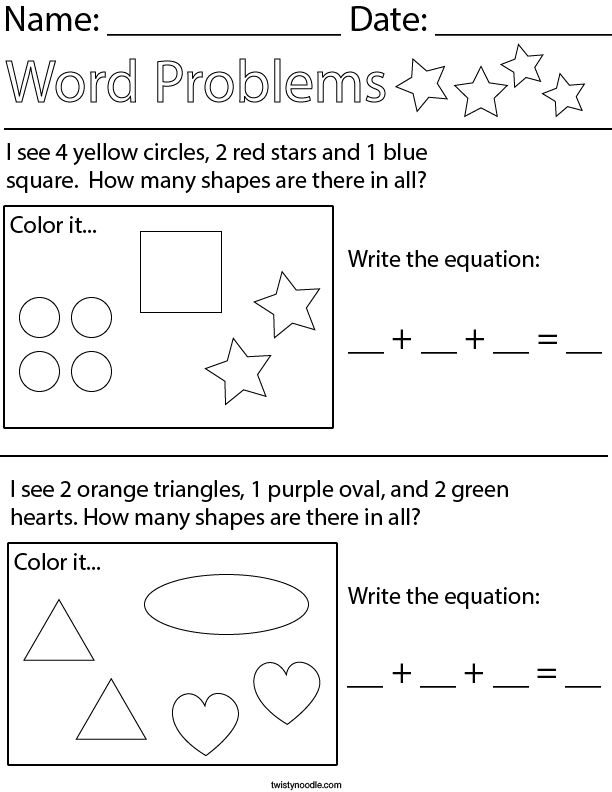 Kindergarten shapes math worksheets word problems